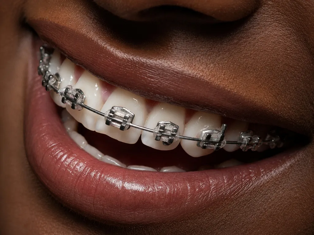 A close-up macro shot of a Black person smiling, showing white teeth with metal and clear ceramic orthodontic braces
